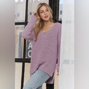 ADORA High-Low Side Slit V-Neck Sweater